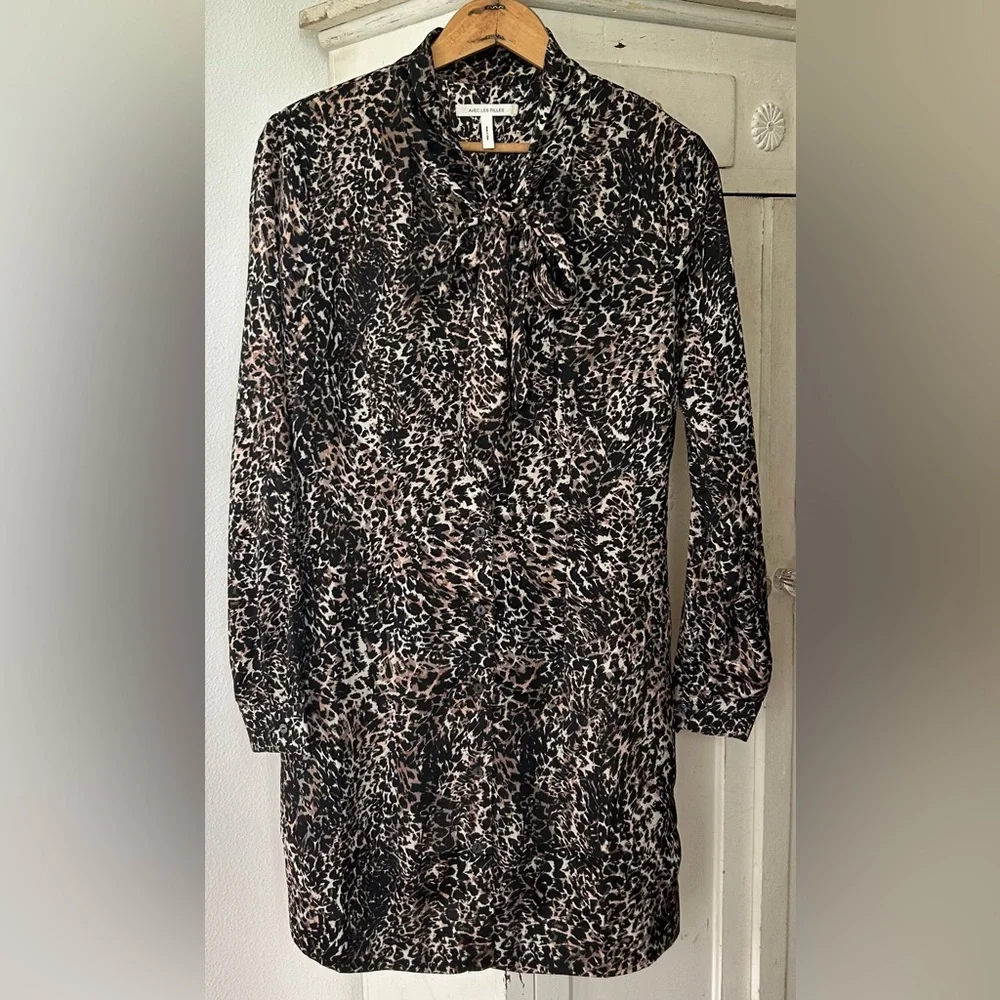 Avec Les Filles | Women’s Black/Tan Long-Sleeve Leopard Print Shirt Dress Size M